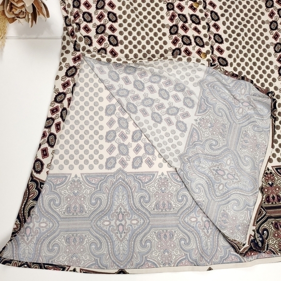 BCBGMAXAZRIA Cream Red Paisley Print Button Down Poly Tunic Top Sz L - Picture 6 of 11